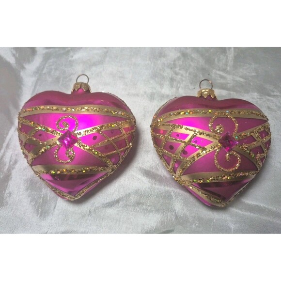 Set Of 2 Vitbis Glass Pink Jeweled Heart Shaped Ornaments Made In Poland - Picture 1 of 16